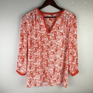 NYDJ Women's XXS Coral Orange Abstract Split Neck Blouse Top